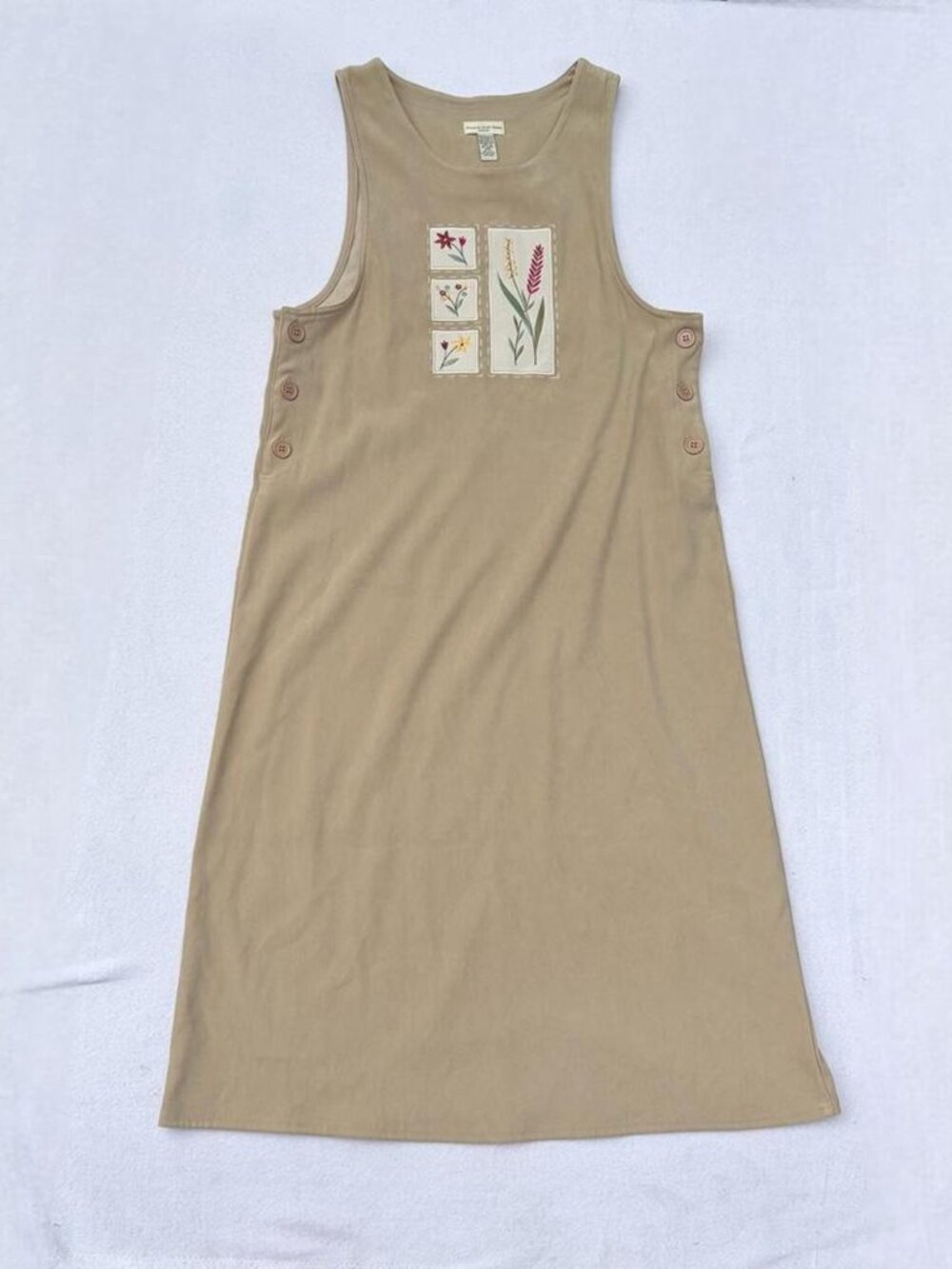 Vtg Amanda Smith Petite Tan Faux Suede Floral Patchwork Overall Maxi Dress Sz M